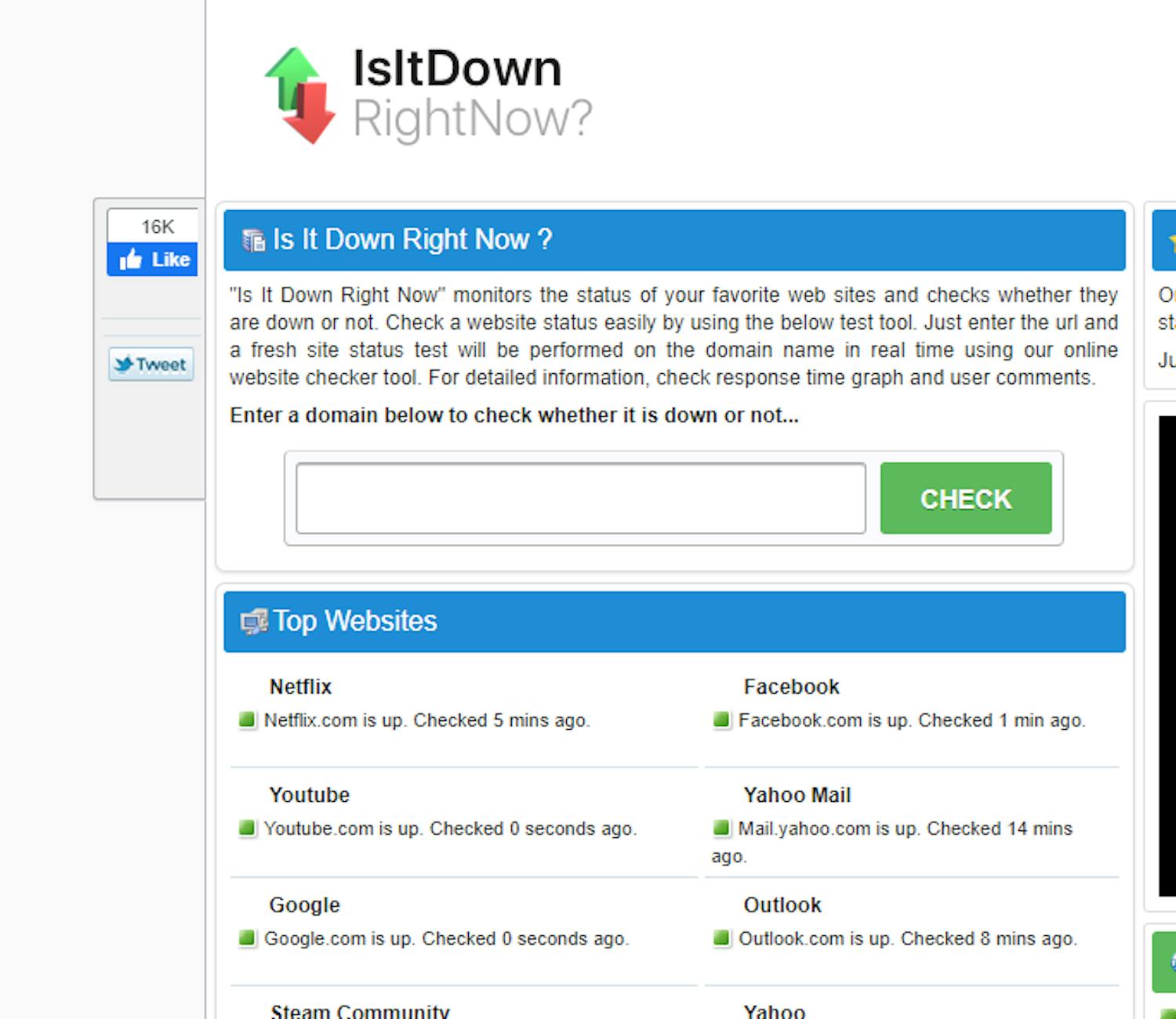 Is it down right now? Nettstedet "Is it down right now?" følger med på om store tjenester som Facebook og Netflix virker som de skal.